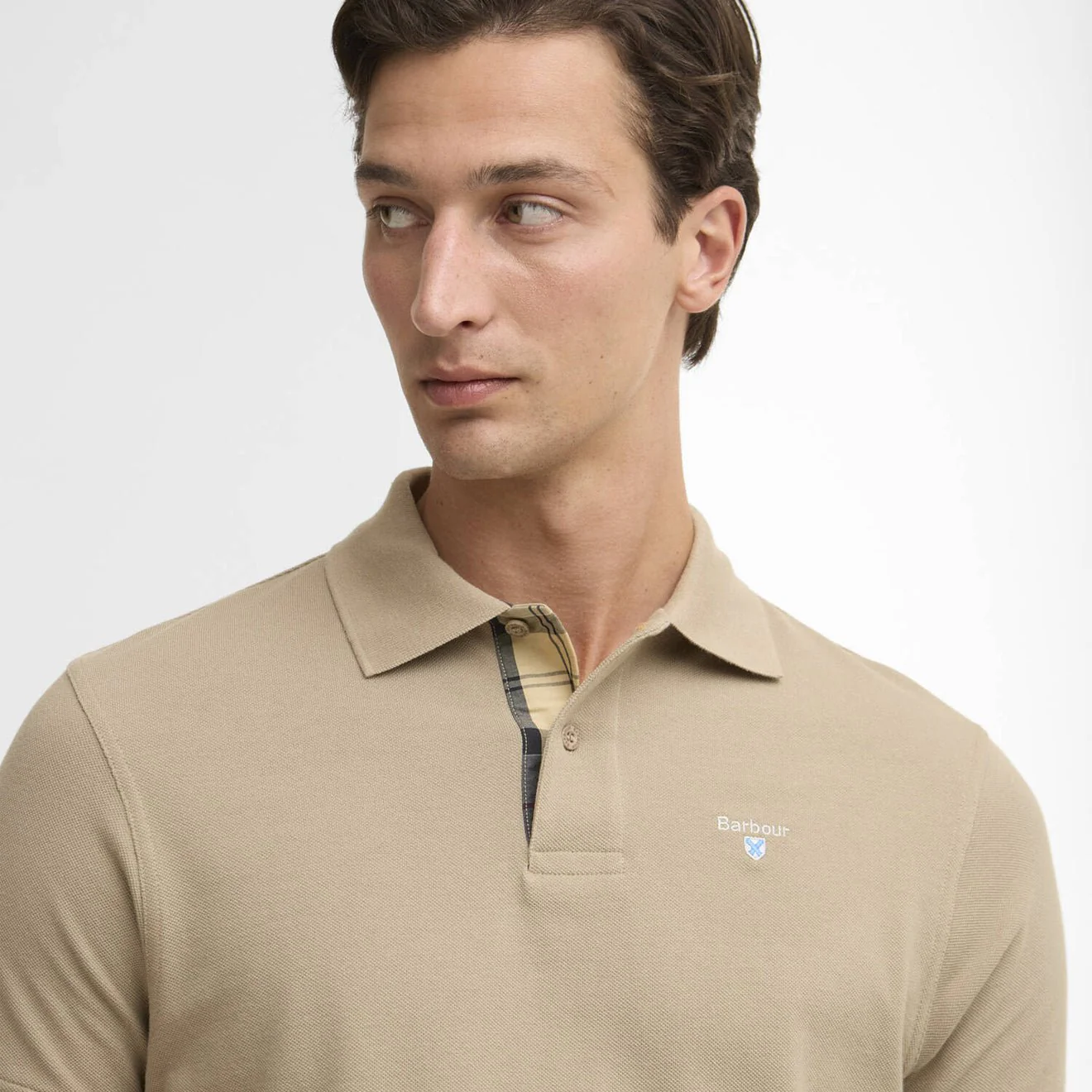 Barbour Tartan Pique Polo Shirt Washed Stone / Dress - Image 4