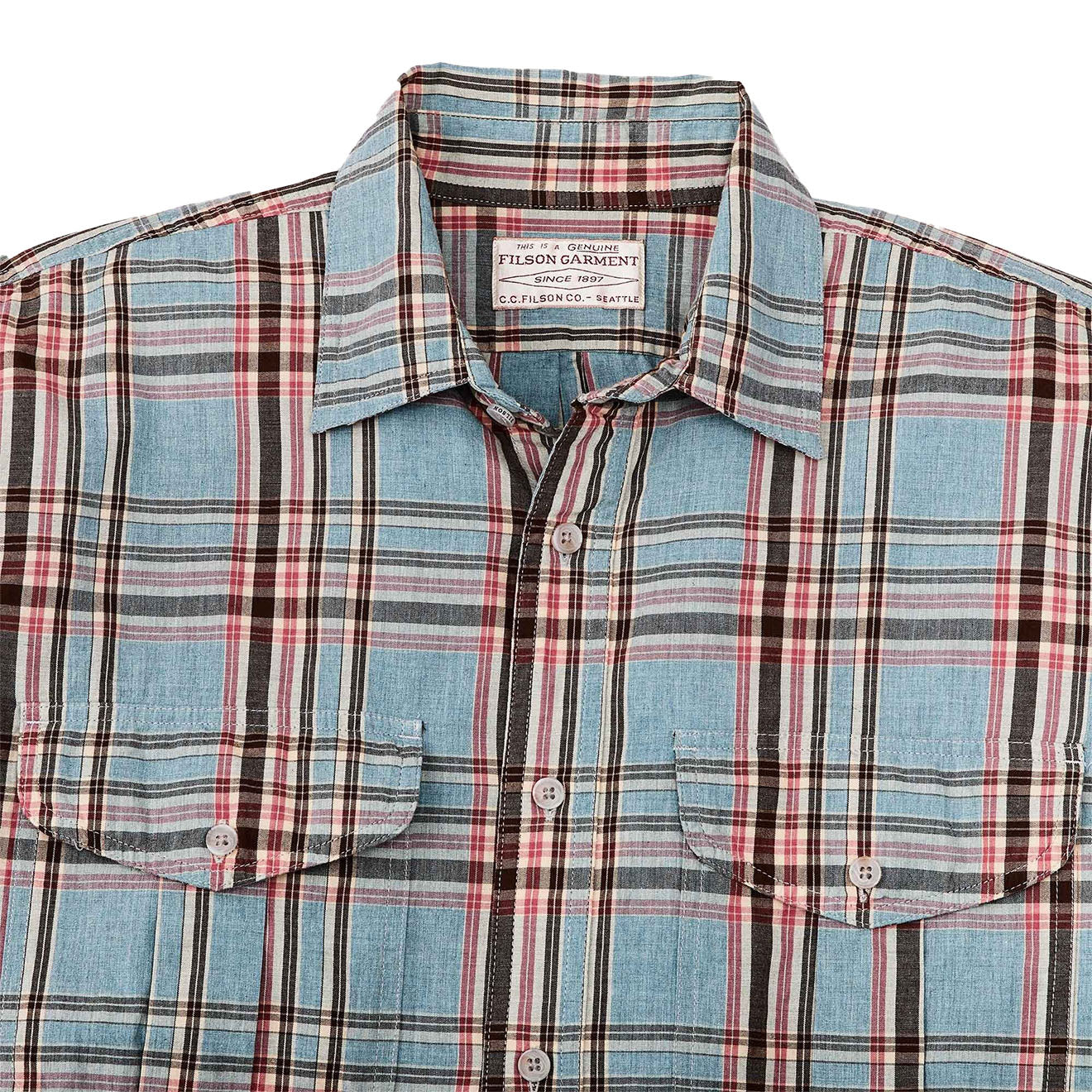 Filson Washed Feather Cloth Shirt Light Blue / Red / Natural Plaid - Image 3