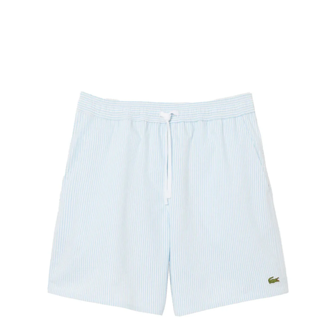 Lacoste Mid Length Striped Textured Swim Trunks White/Light Blue