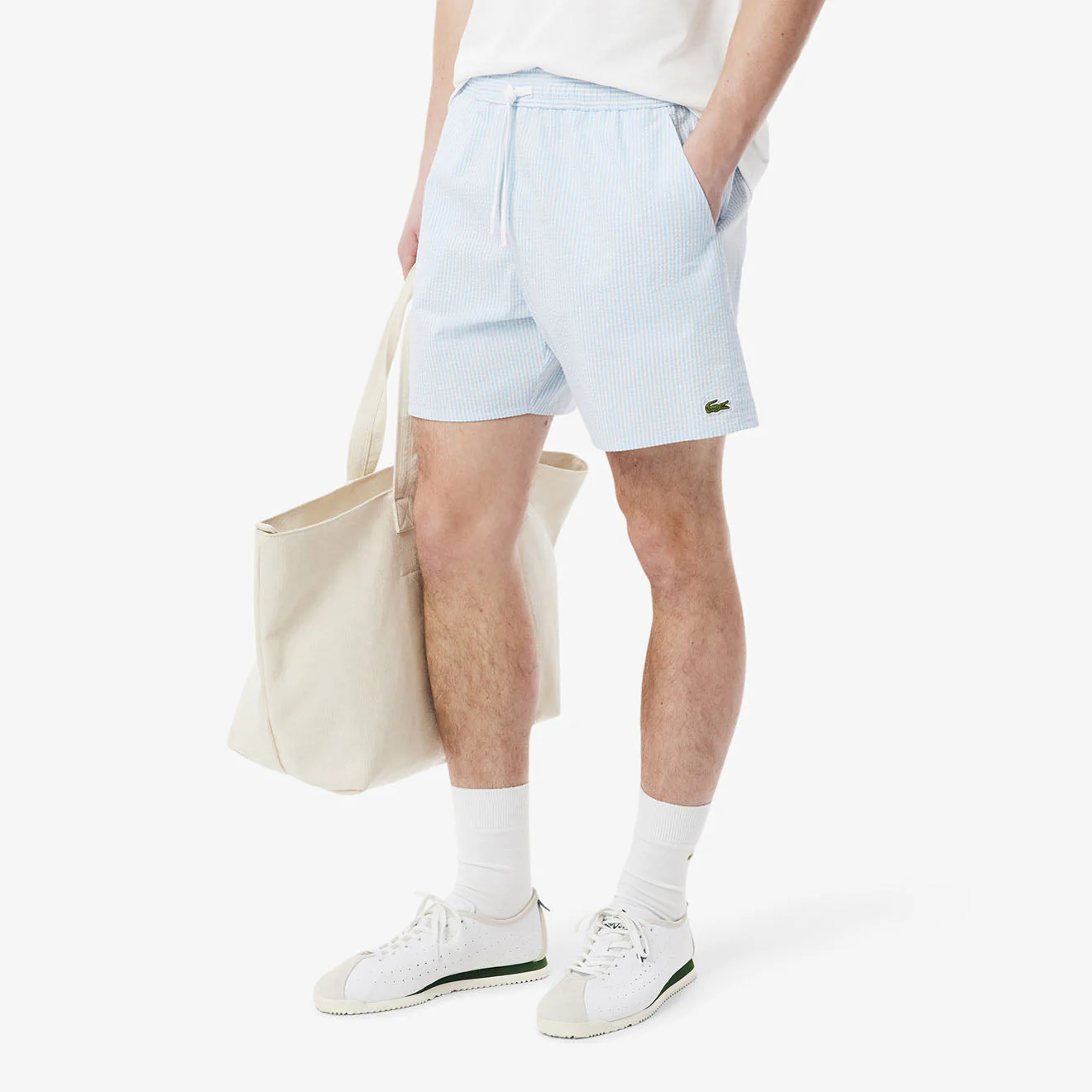 Lacoste Mid Length Striped Textured Swim Trunks White/Light Blue - Image 3