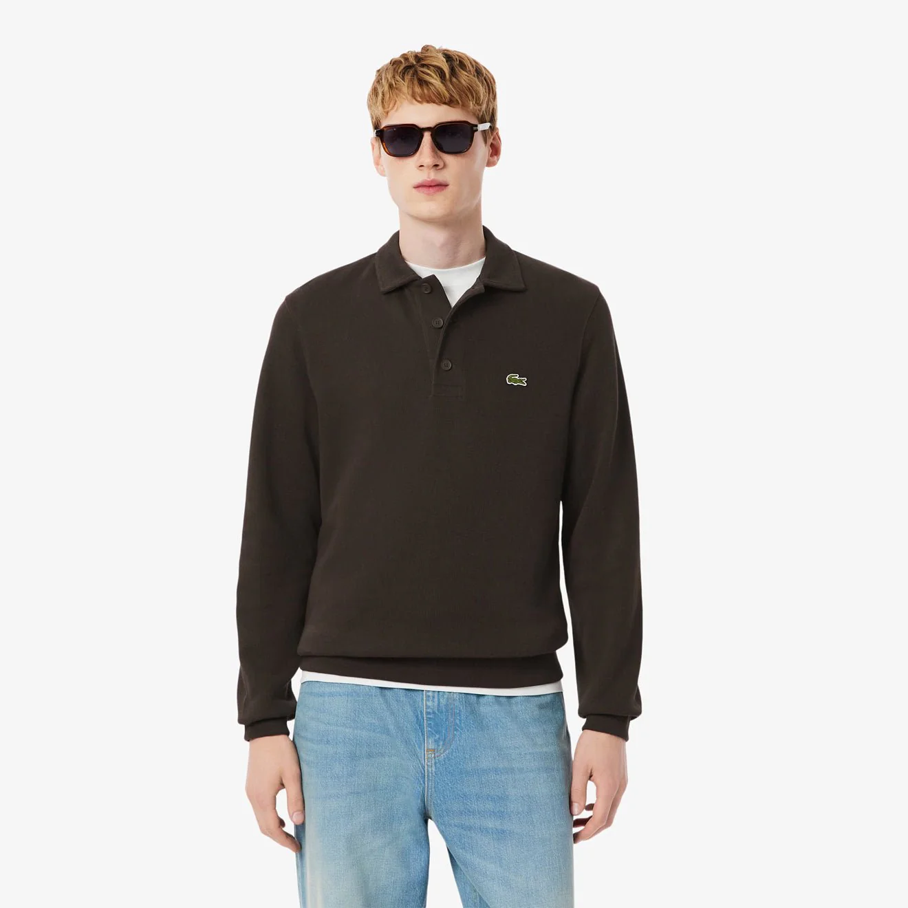 Lacoste Ribbed Cotton Polo Collar Sweatshirt Brown - Image 2