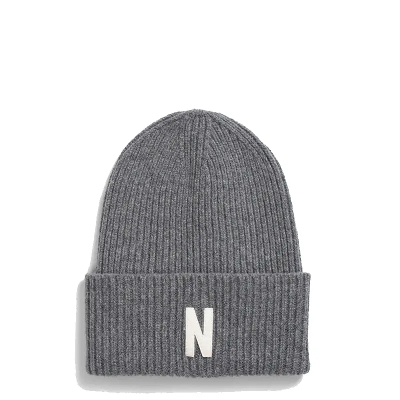 Norse Projects Merino Lambswool Rib N Logo Beanie Grey Melange
