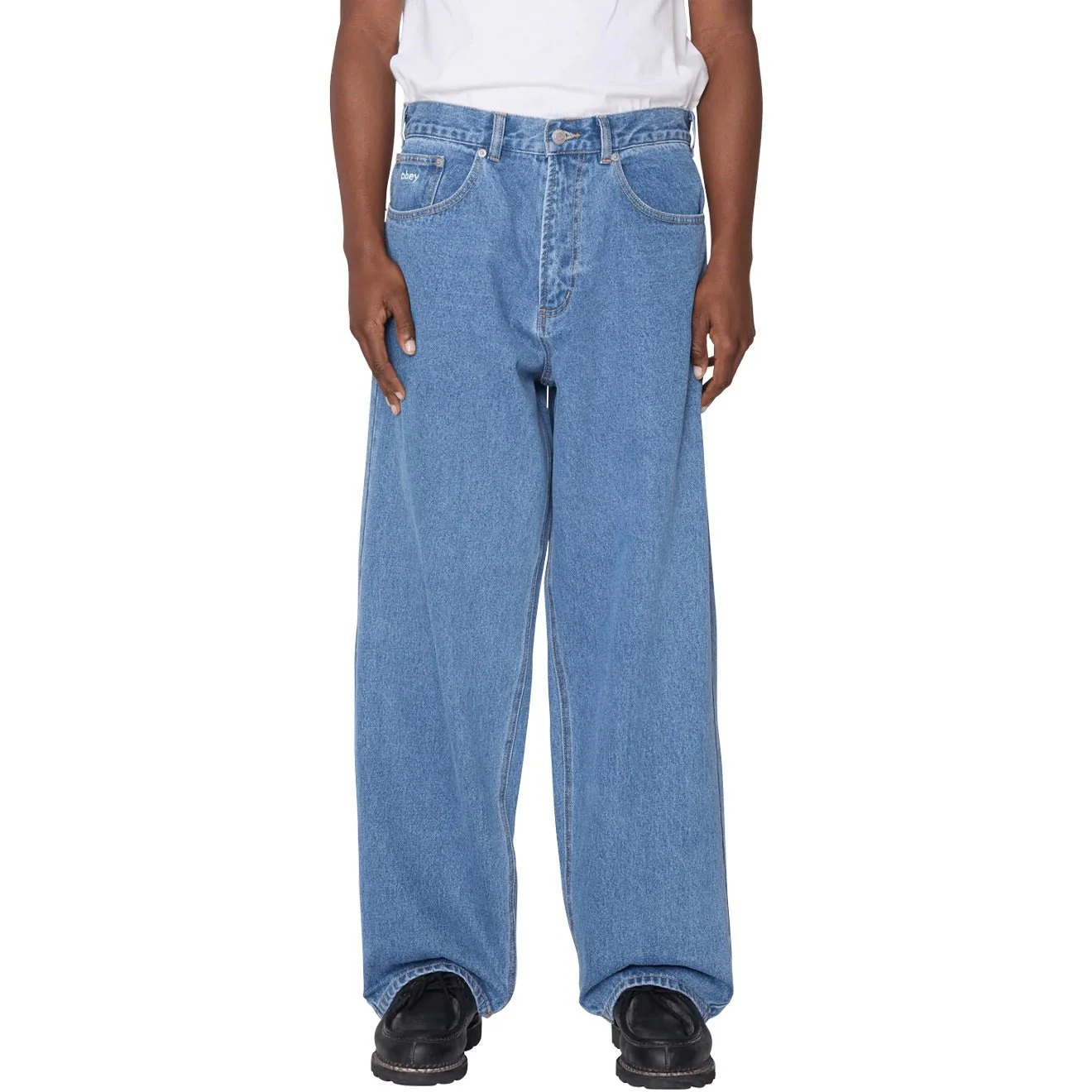 Obey Bigwig Baggy Denim Trousers Medium Stonewash Light Indigo - Image 3
