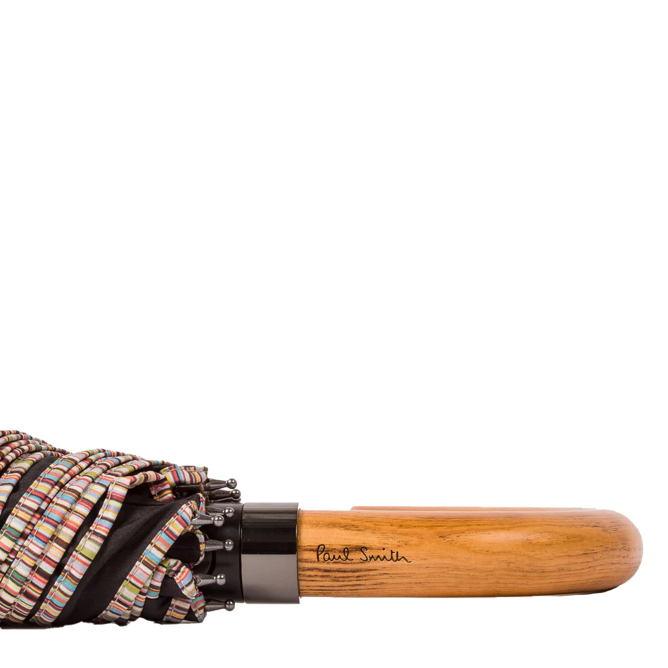 Paul Smith Signature Stripe Compact Umbrella with Crook Wooden Handle Black - Image 3