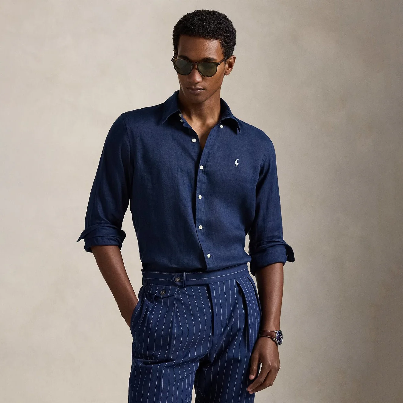 Polo Ralph Lauren Custom Fit Linen Shirt Newport Navy / White - Image 2