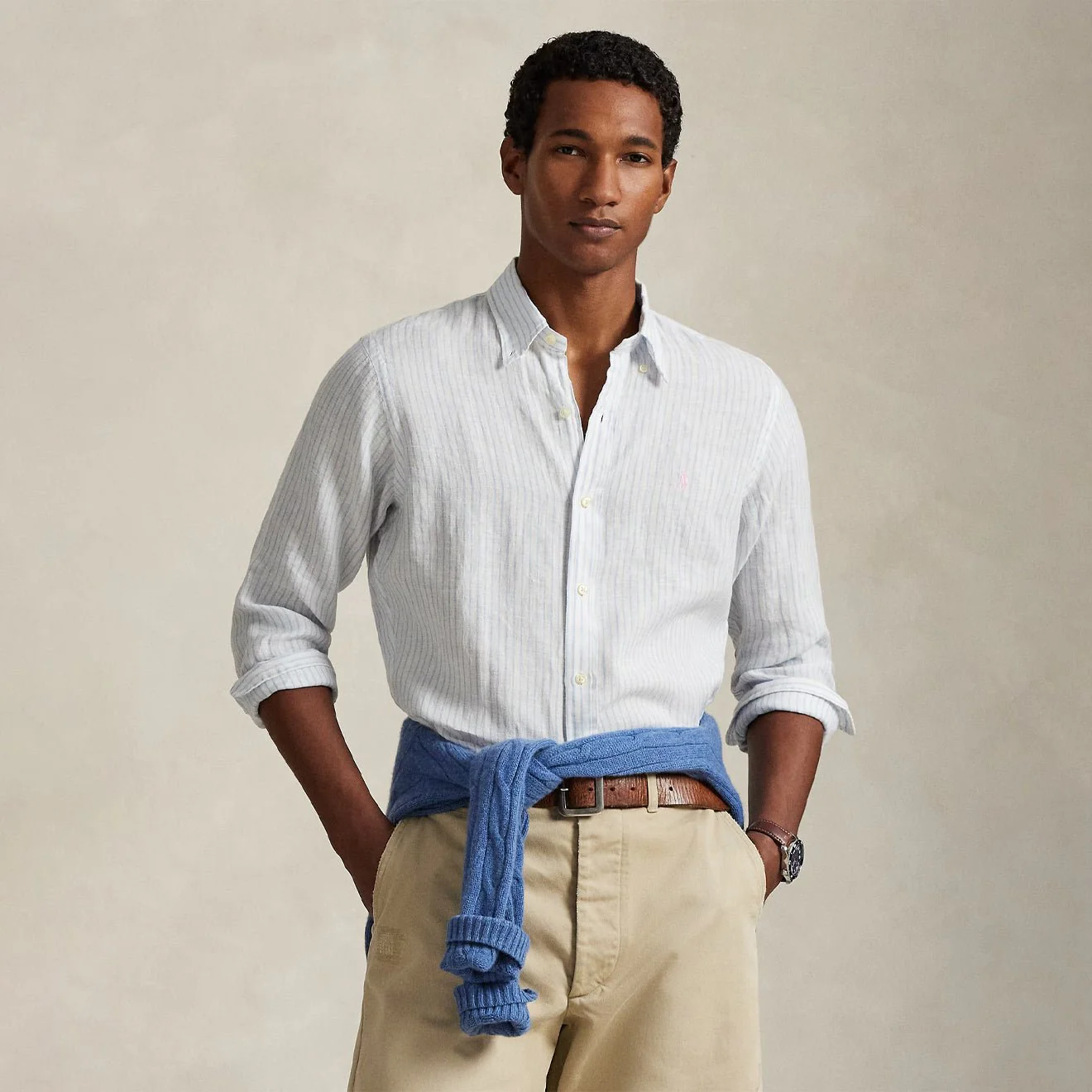 Polo Ralph Lauren Custom Fit Striped Linen Shirt White Blue - Image 2