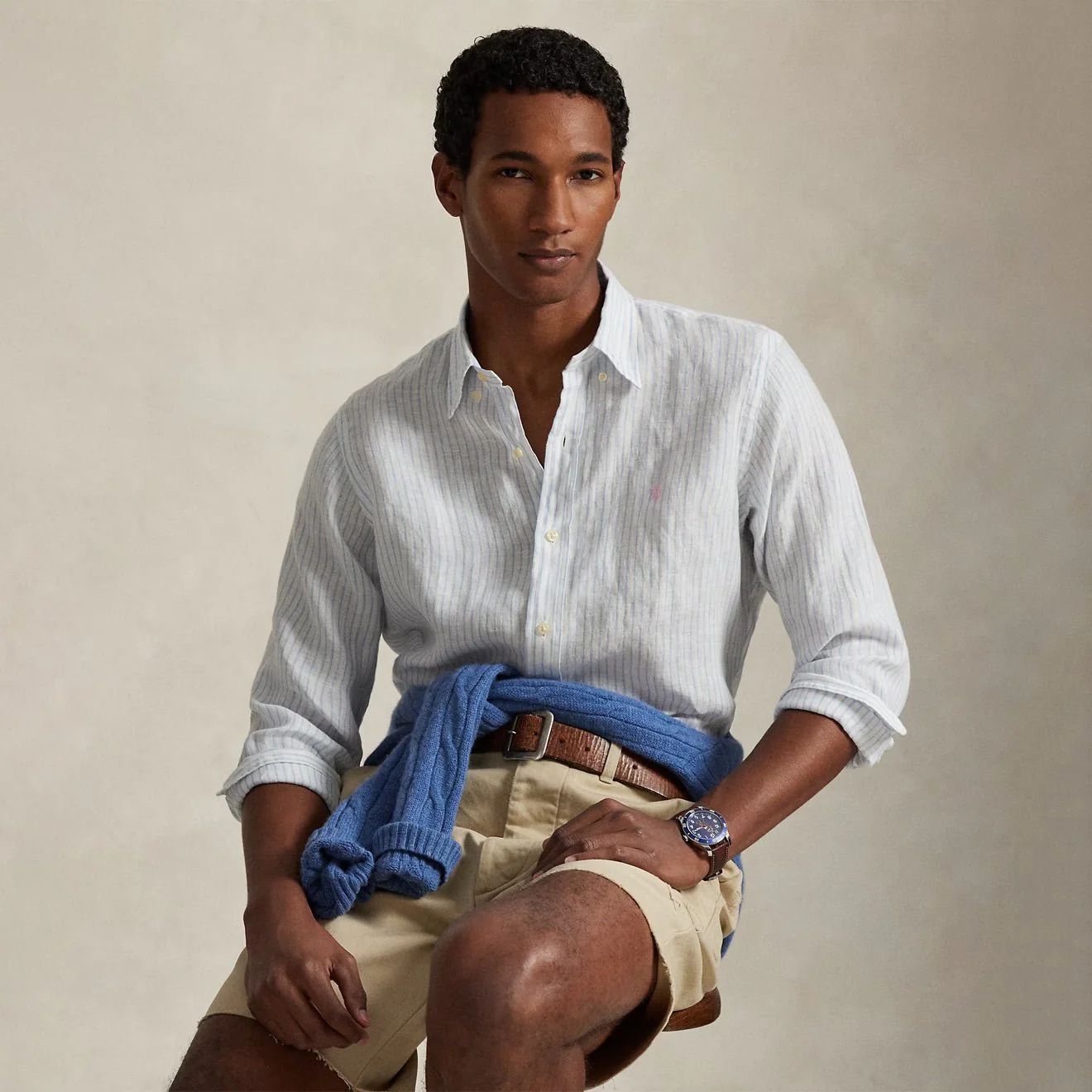 Polo Ralph Lauren Custom Fit Striped Linen Shirt White Blue - Image 4