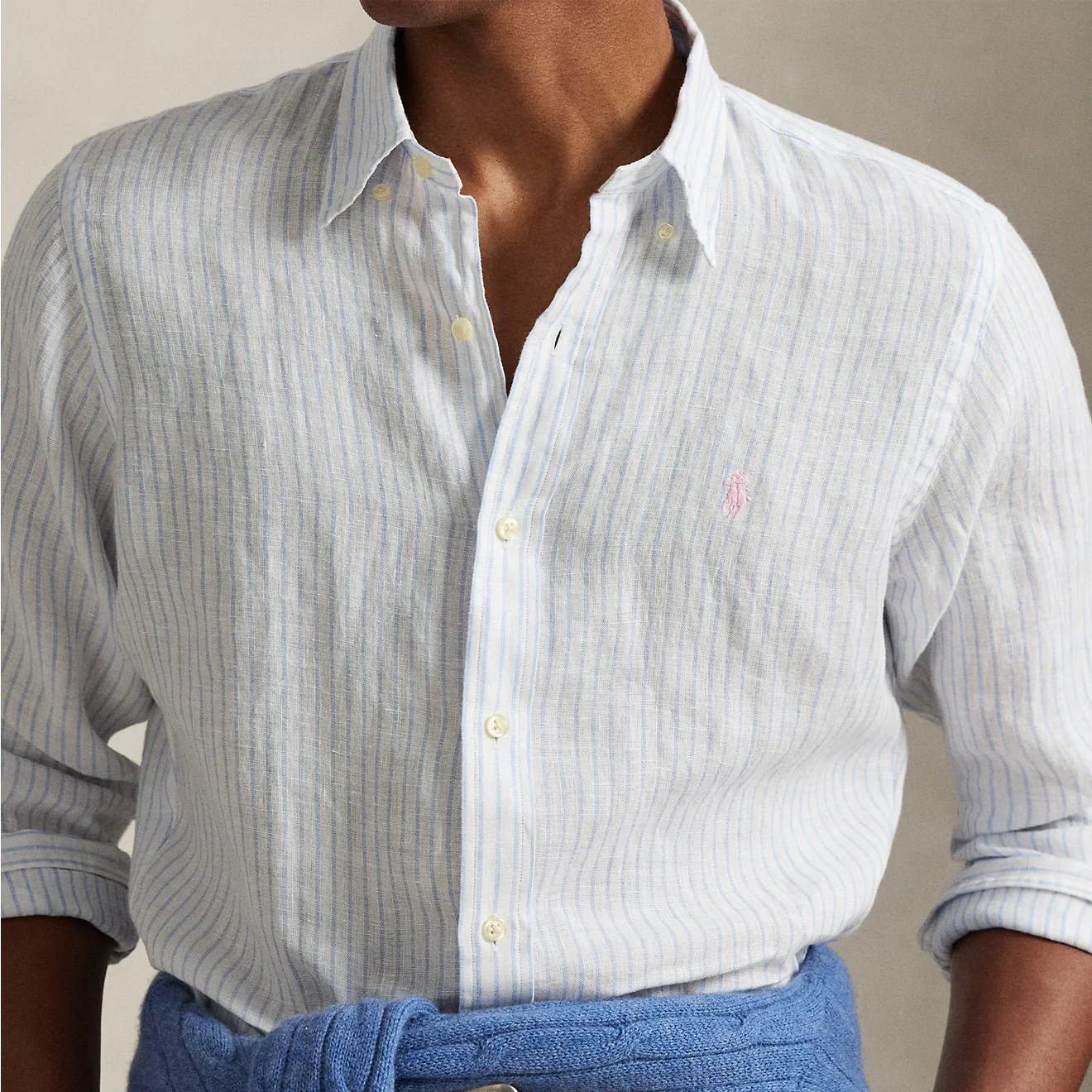 Polo Ralph Lauren Custom Fit Striped Linen Shirt White Blue - Image 5