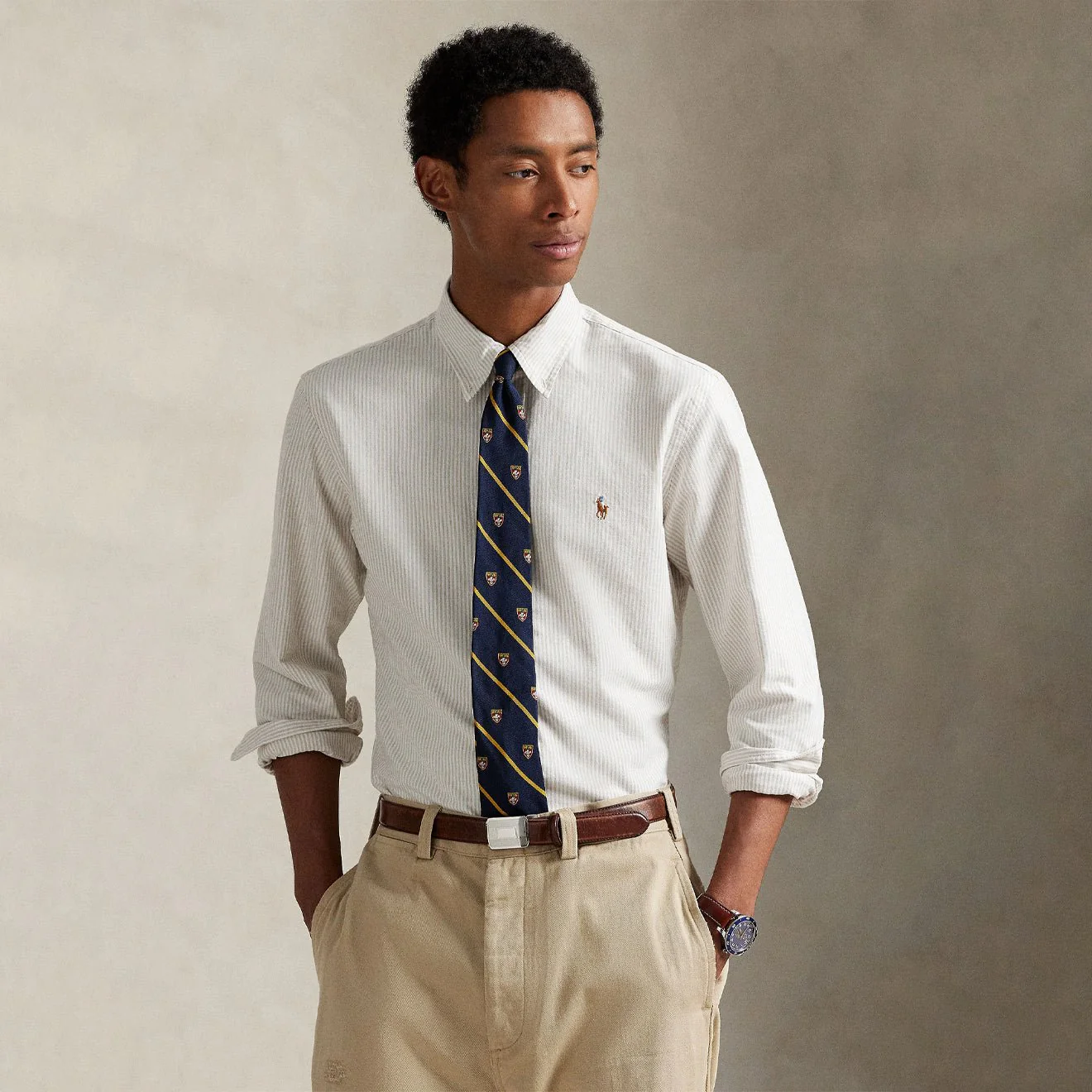 Polo Ralph Lauren Custom Fit Striped Oxford Shirt Coastal Beige / White - Image 2