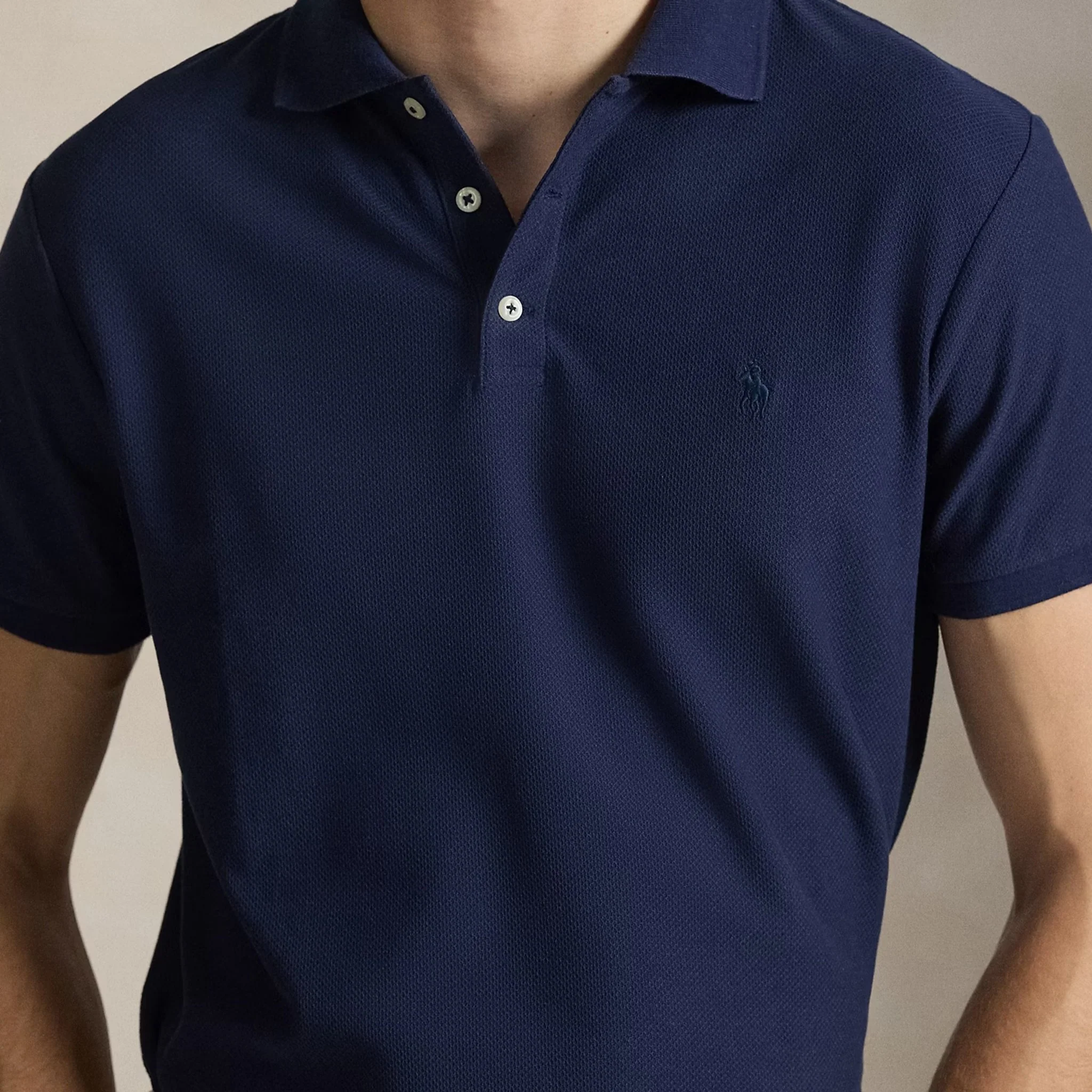 Polo Ralph Lauren Custom Slim Fit Honeycomb-Mesh Polo Shirt Cruise Navy - Image 4
