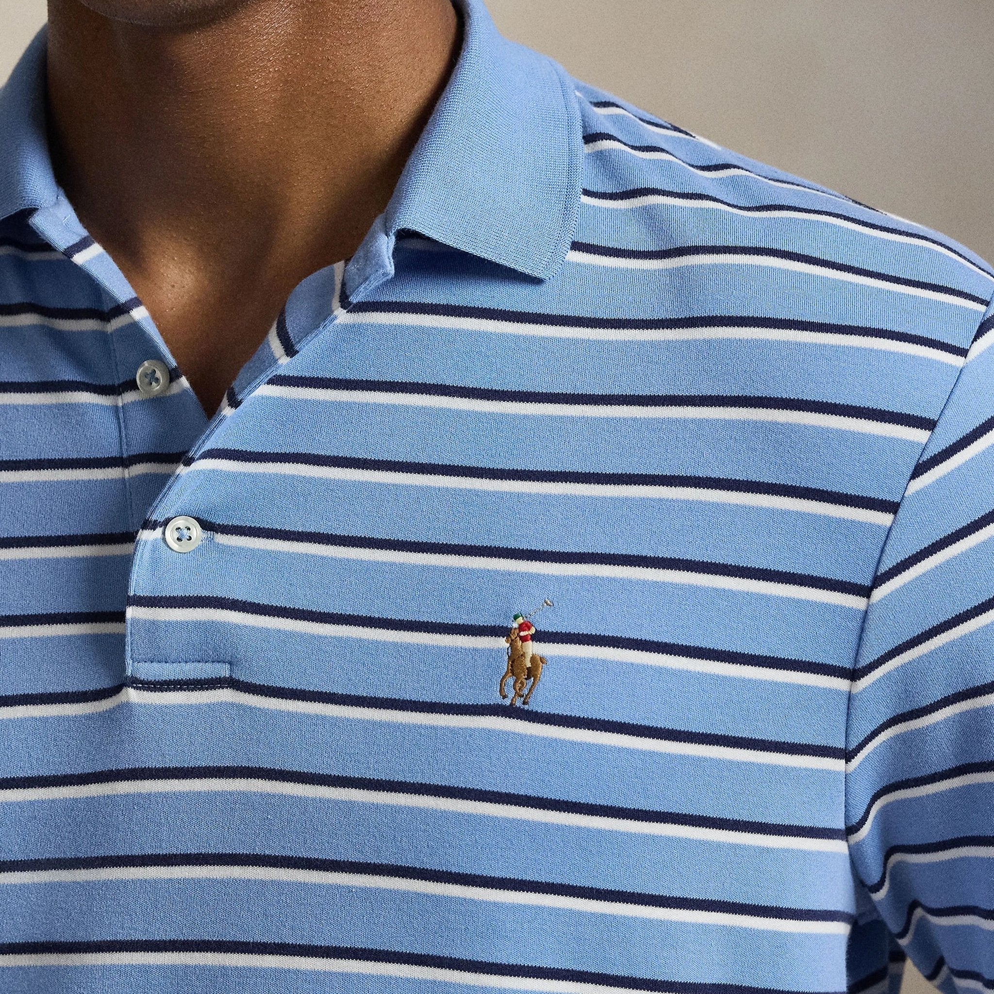 Polo Ralph Lauren Custom Slim Fit Striped Soft Cotton Polo Shirt Sky Blue Multi - Image 2