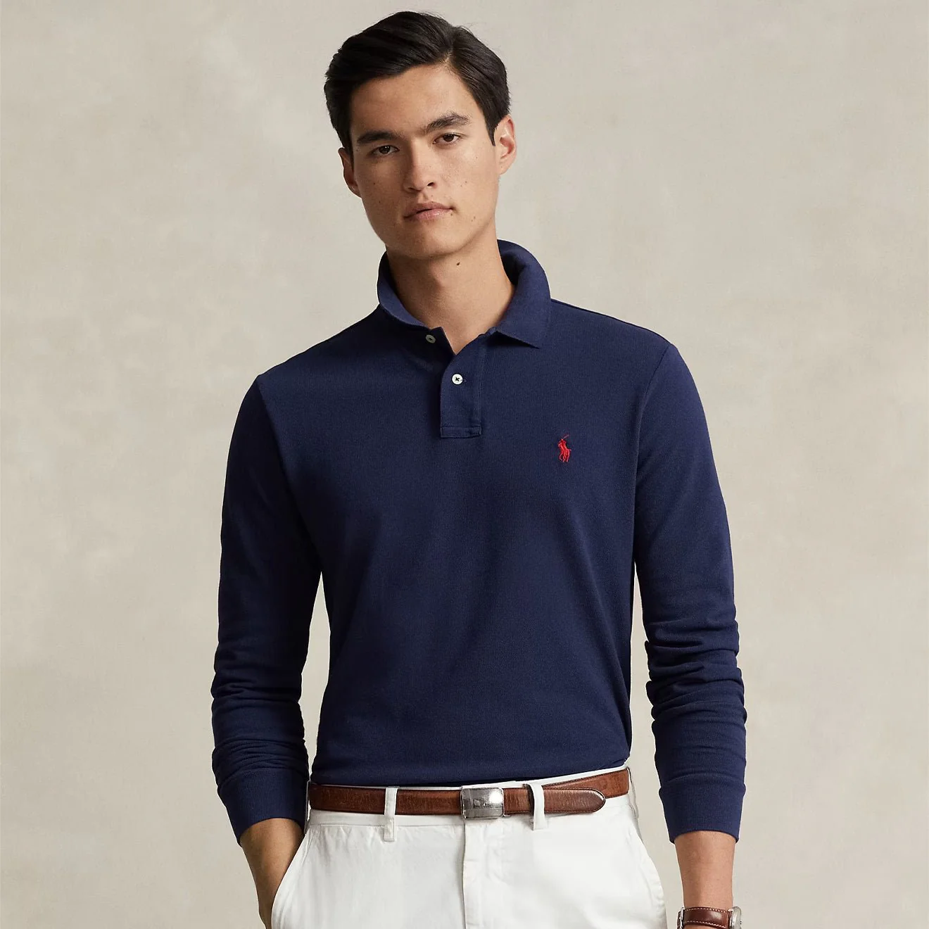 Polo Ralph Lauren L/S Custom Slim Fit Polo Shirt Newport Navy - Image 2