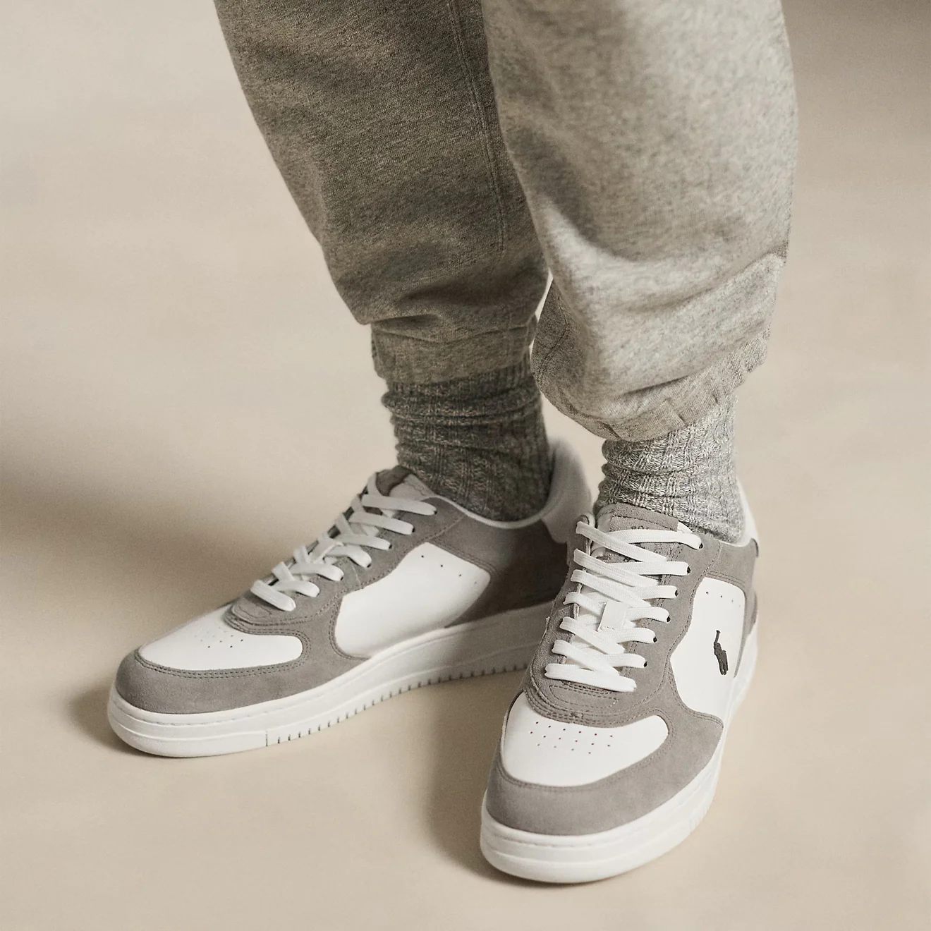 Polo Ralph Lauren Masters Court Leather Suede Trainer Earth Grey / Deckwash White - Image 5