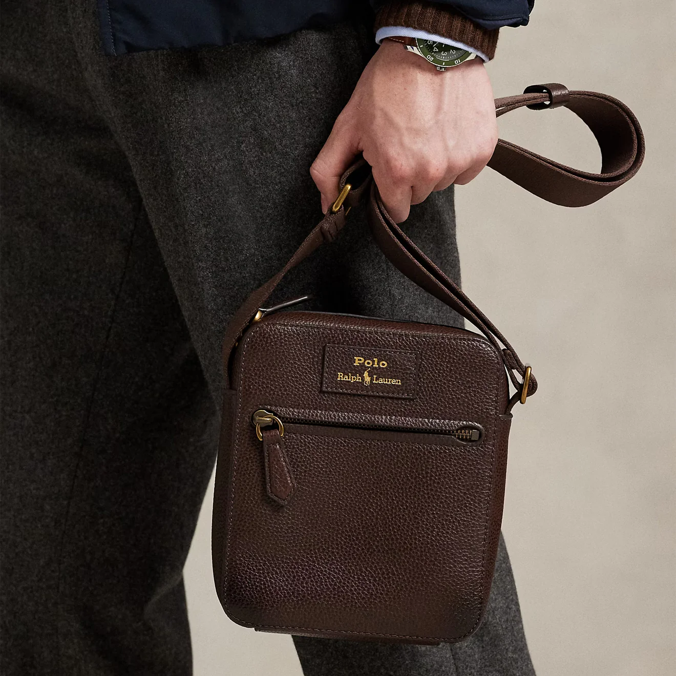 Polo Ralph Lauren Pebbled Leather Crossbody Bag Dark Brown - Image 4