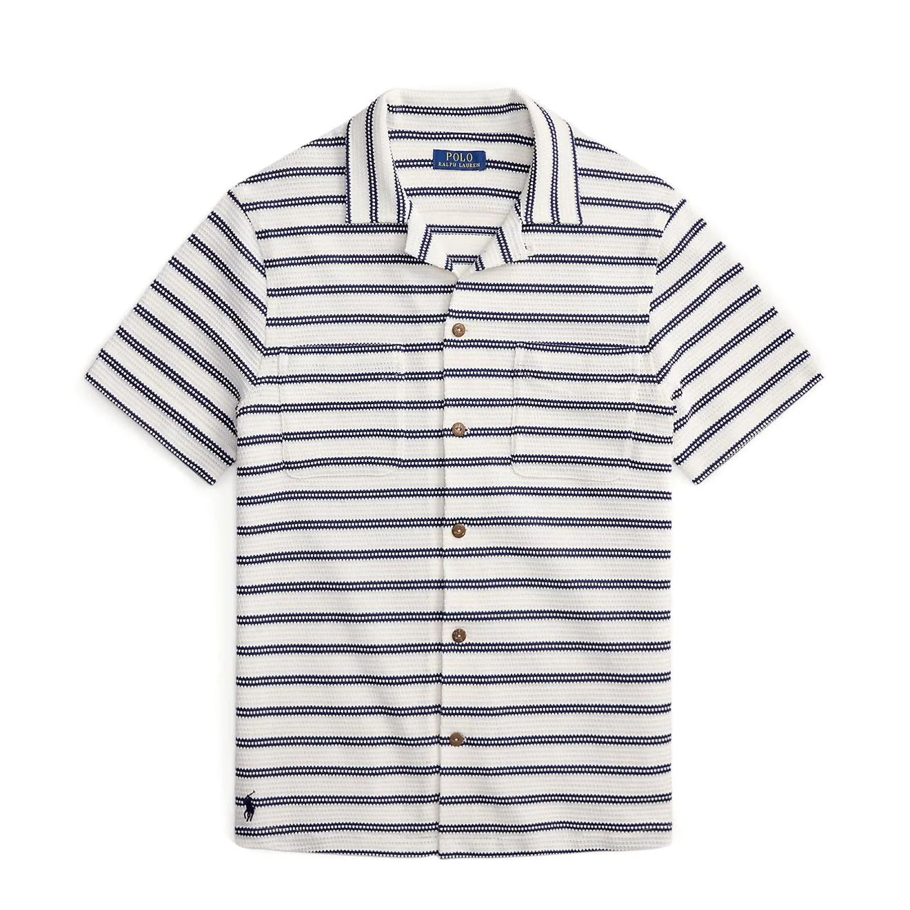 Polo Ralph Lauren Striped Pointelle-Jersey Camp Shirt Pale Cream / Newport Navy