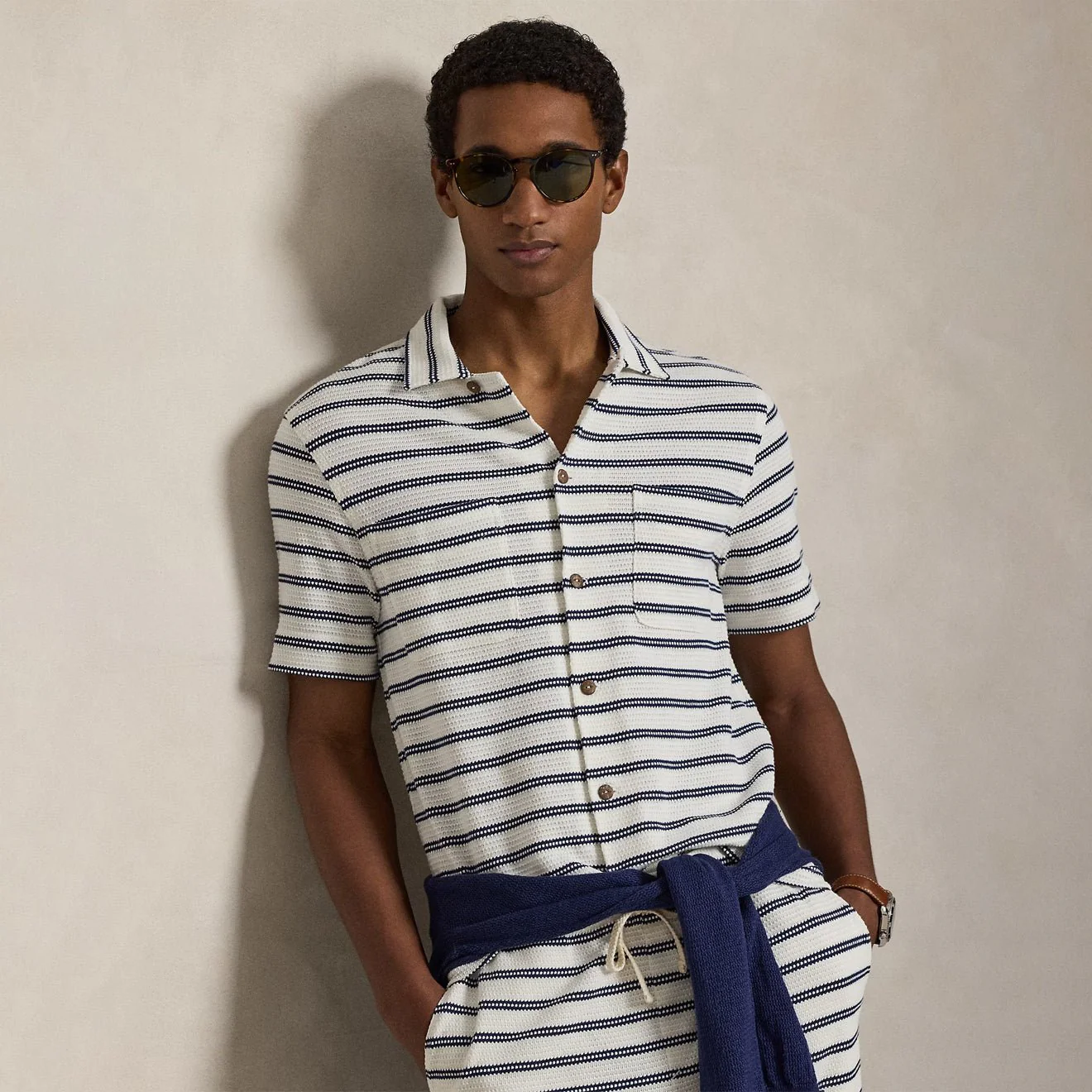 Polo Ralph Lauren Striped Pointelle-Jersey Camp Shirt Pale Cream / Newport Navy - Image 2