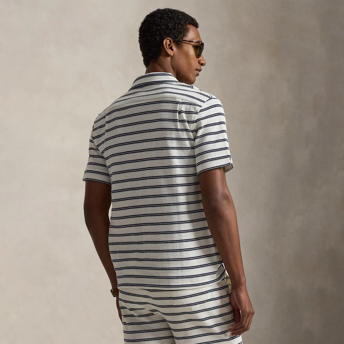 Polo Ralph Lauren Striped Pointelle-Jersey Camp Shirt Pale Cream / Newport Navy - Image 3