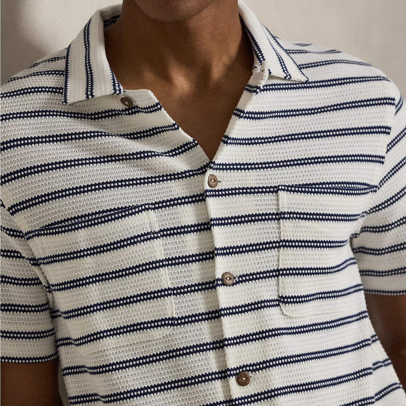 Polo Ralph Lauren Striped Pointelle-Jersey Camp Shirt Pale Cream / Newport Navy - Image 4