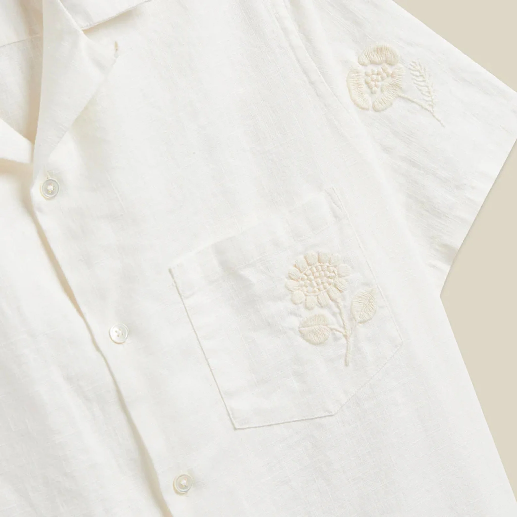 Portuguese Flannel Embroidery Nature Ramie S/S Shirt Ecru - Image 3