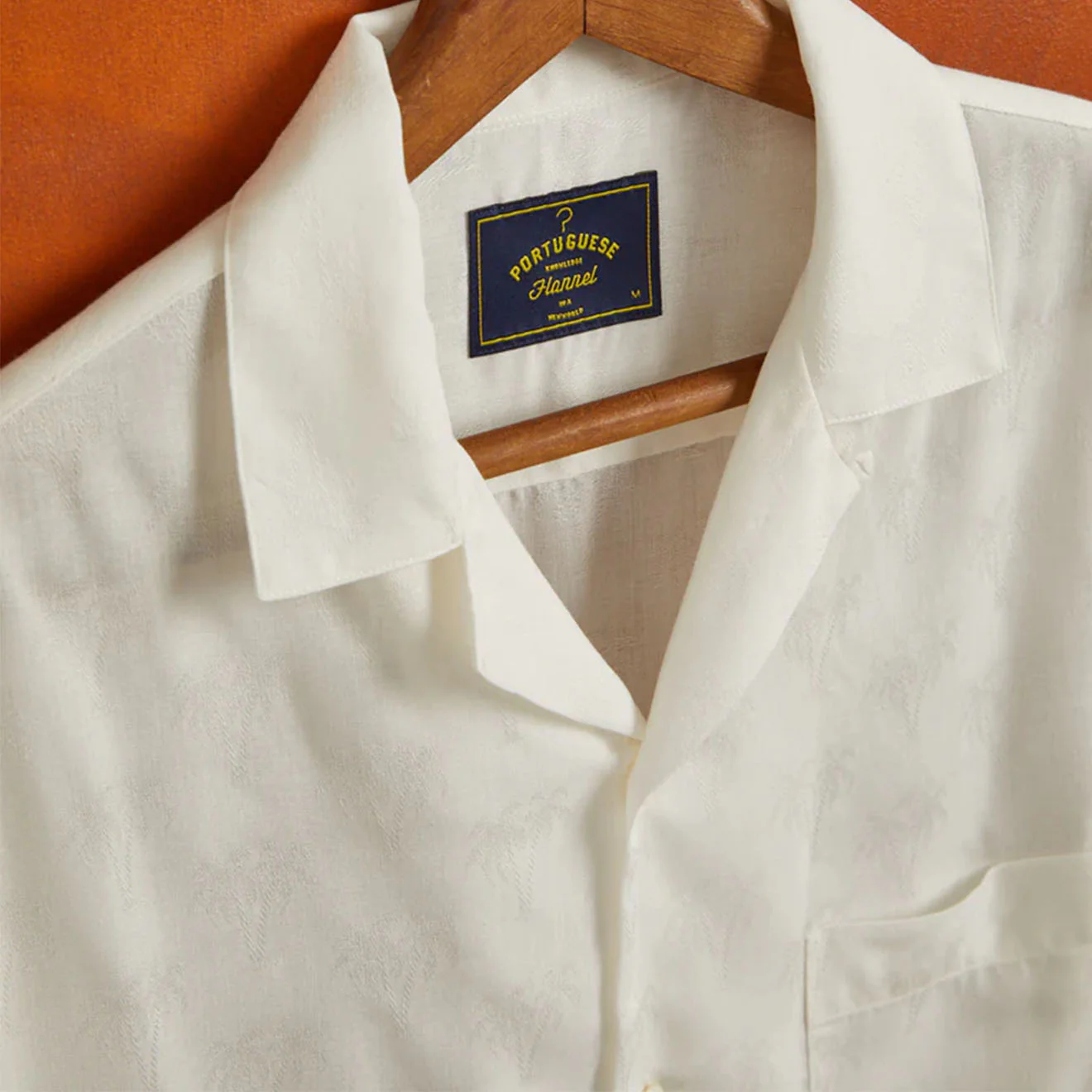 Portuguese Flannel S/S Camp Shirt Modal Jacquard Palm Tree White - Image 3