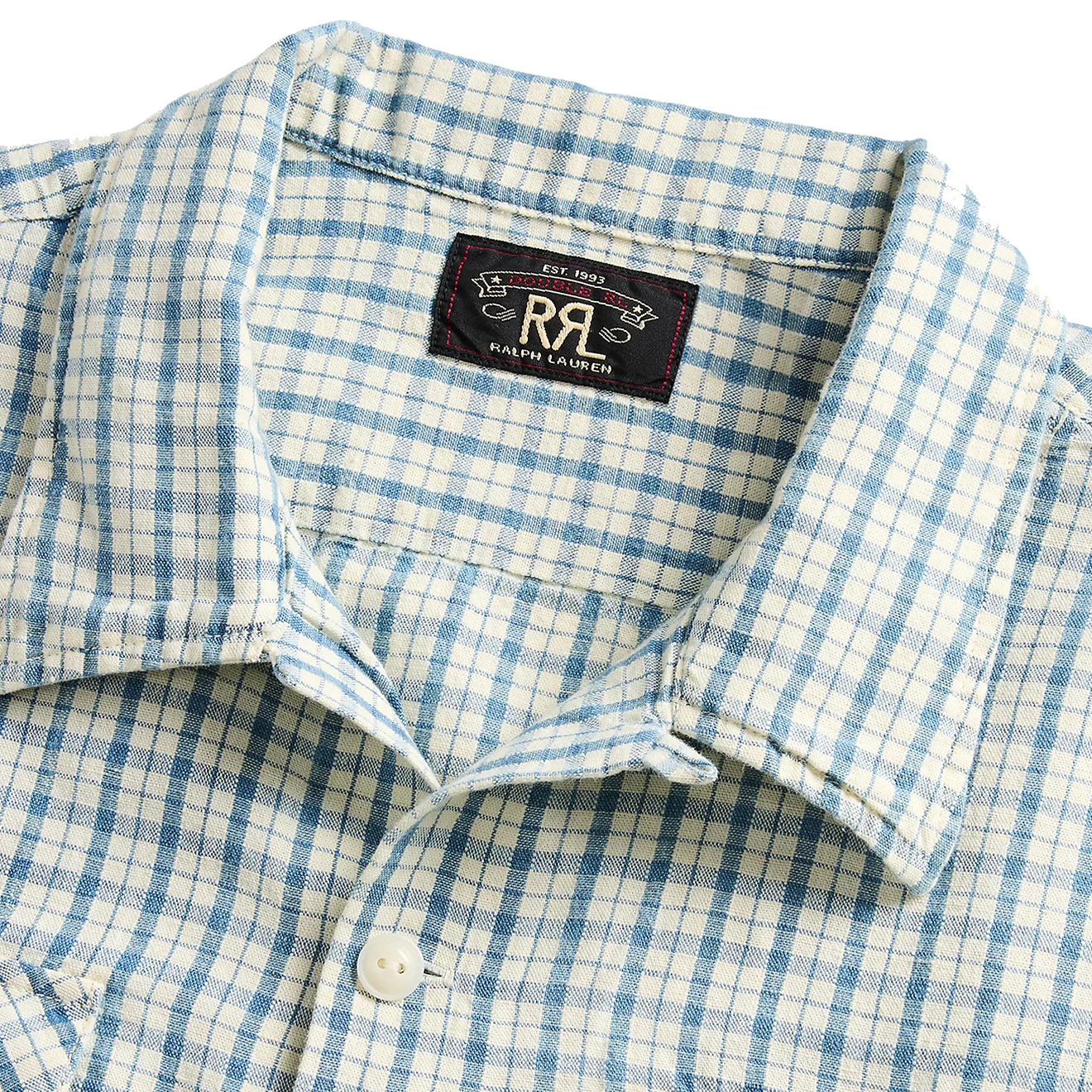RRL by Ralph Lauren Checked Cotton-Linen Camp Shirt RL-710 Indigo/Creme - Image 4