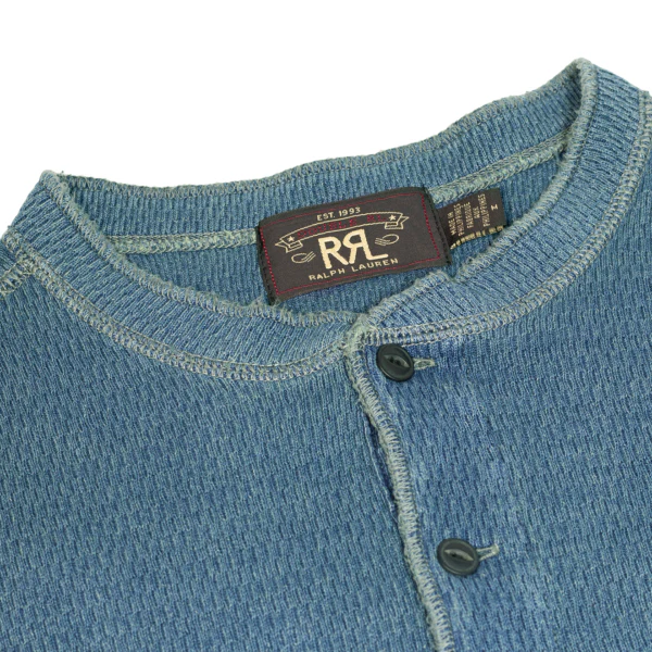 RRL by Ralph Lauren Waffle Knitted Cotton Henley Washed Blue Indigo - Image 3