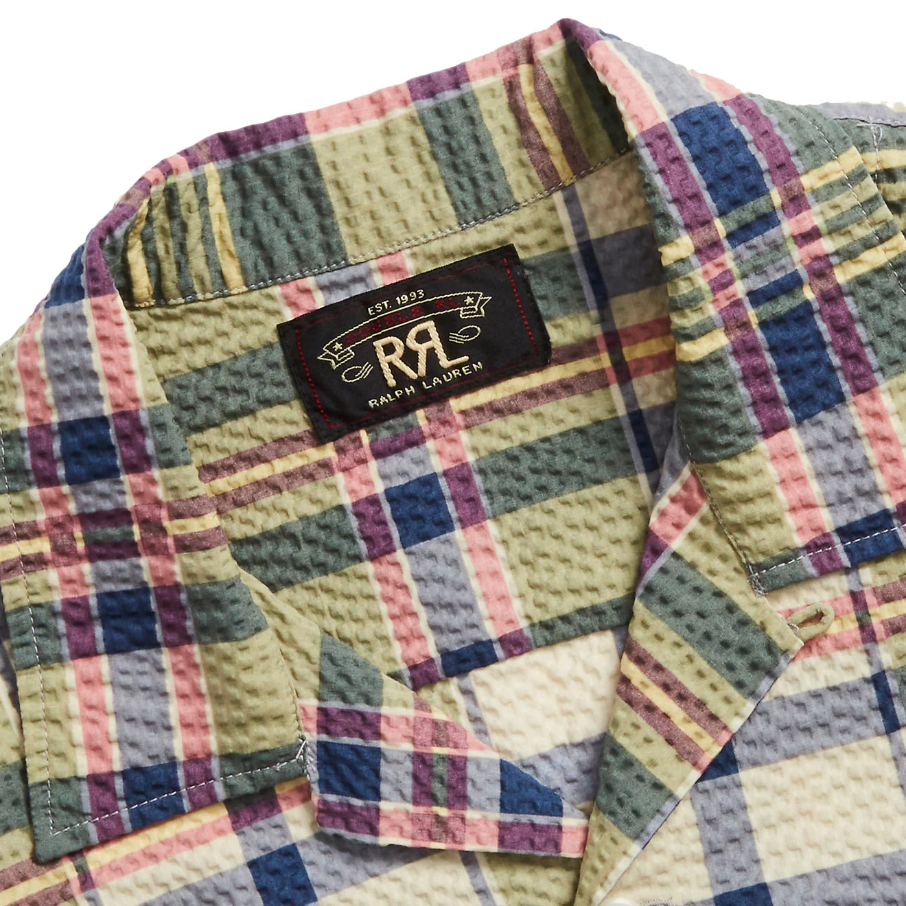 RRL by Ralph Lauren Madras-Print Seersucker Camp Shirt Green/Cream/Multi - Image 3