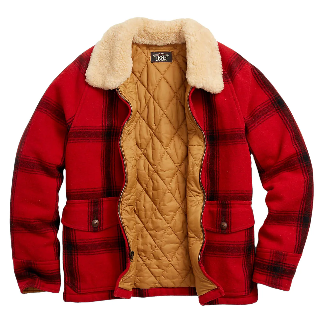 RRL by Ralph Lauren Shearling-Collar Plaid Wool Jacket Red / Black Multi - Image 2