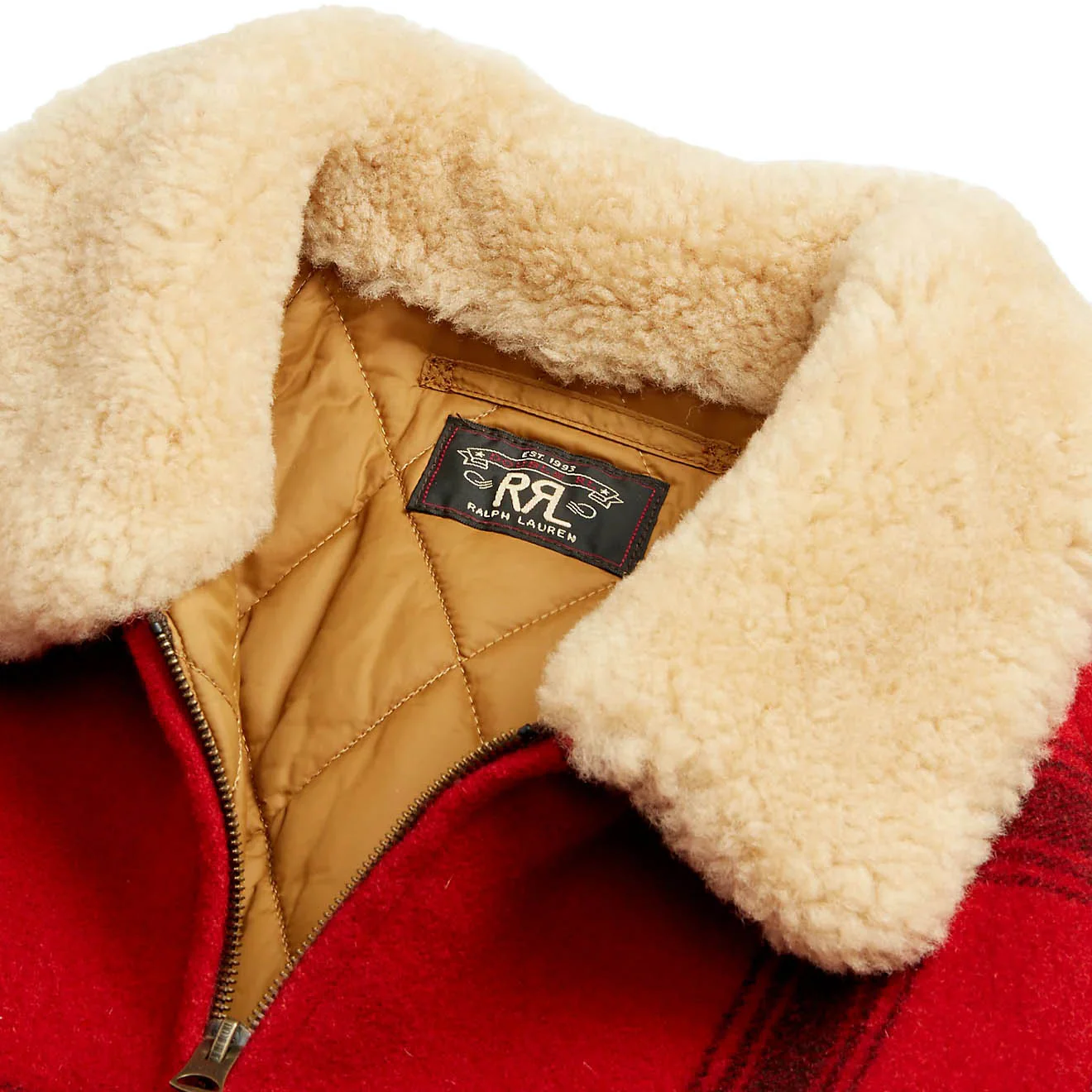 RRL by Ralph Lauren Shearling-Collar Plaid Wool Jacket Red / Black Multi - Image 3