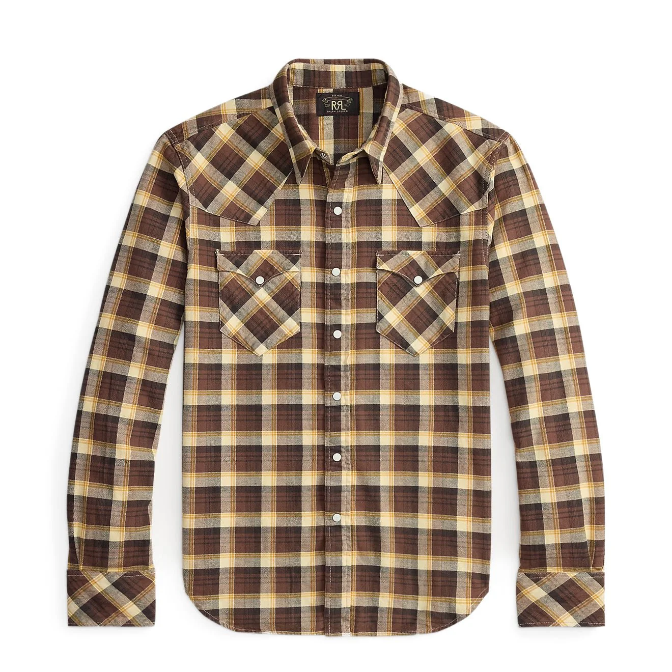 RRL By Ralph Lauren Slim Fit Plaid Twill Western Shirt Brown / Mustard / Cream