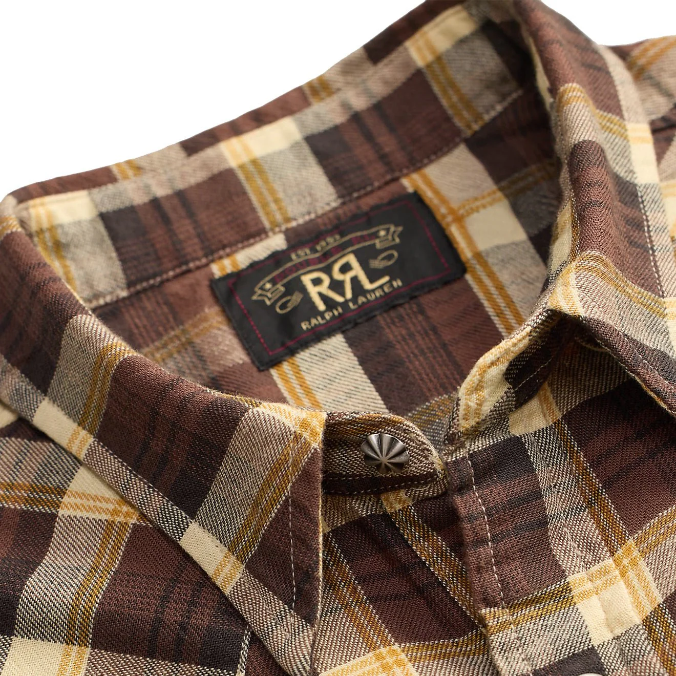 RRL By Ralph Lauren Slim Fit Plaid Twill Western Shirt Brown / Mustard / Cream - Image 3