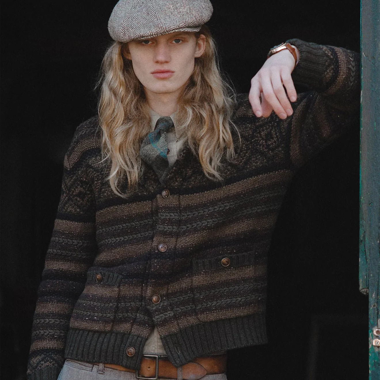 RRL By Ralph Lauren Wool Cotton Shawl Collar Cardigan Brown Olive Multi - Image 6