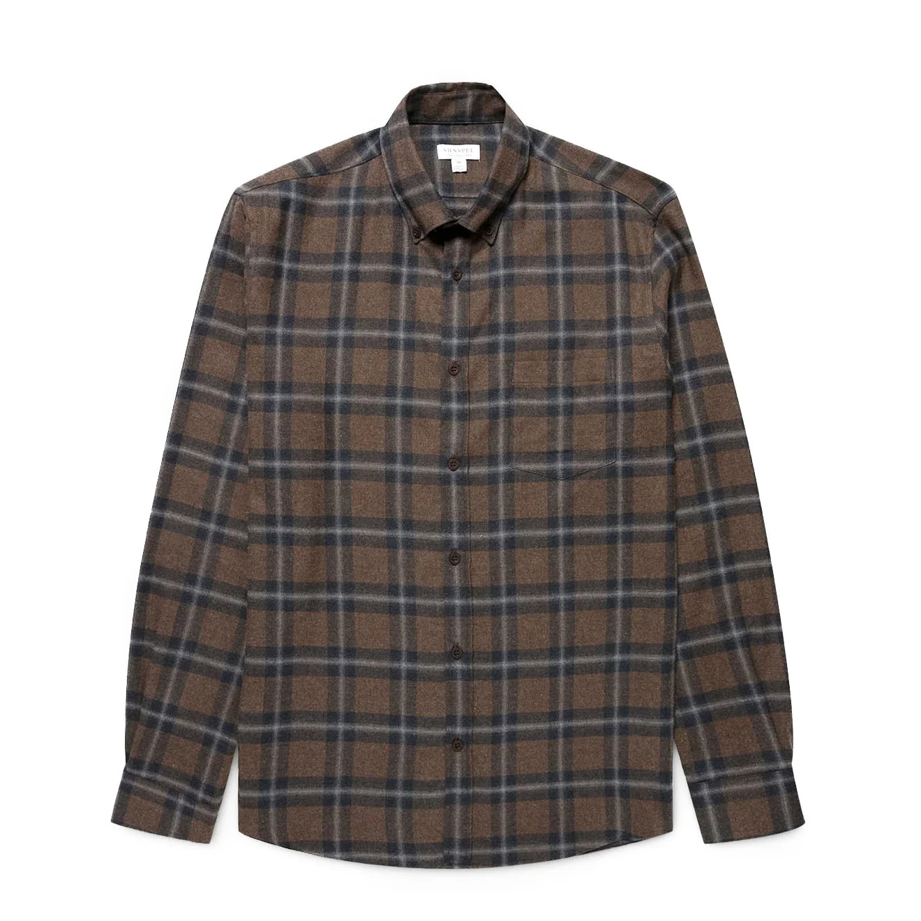 Sunspel Brushed Cotton Flannel Check Shirt Bark Check