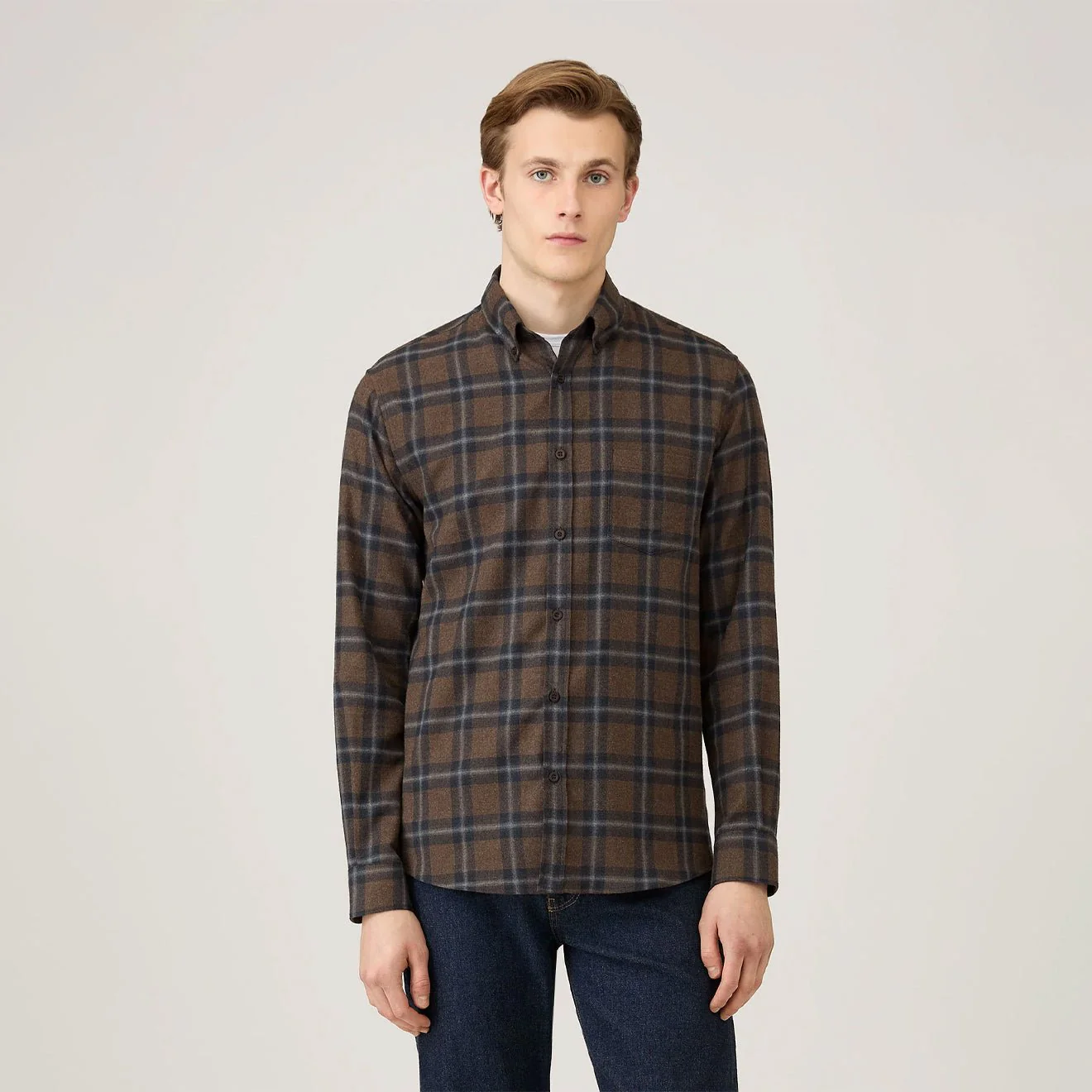 Sunspel Brushed Cotton Flannel Check Shirt Bark Check - Image 2