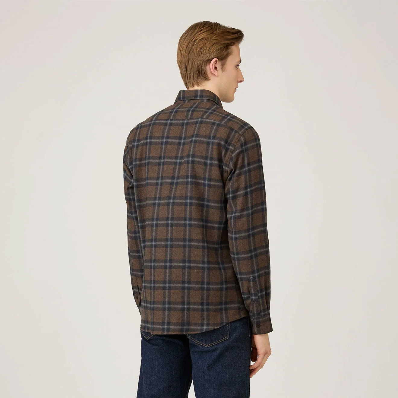 Sunspel Brushed Cotton Flannel Check Shirt Bark Check - Image 3