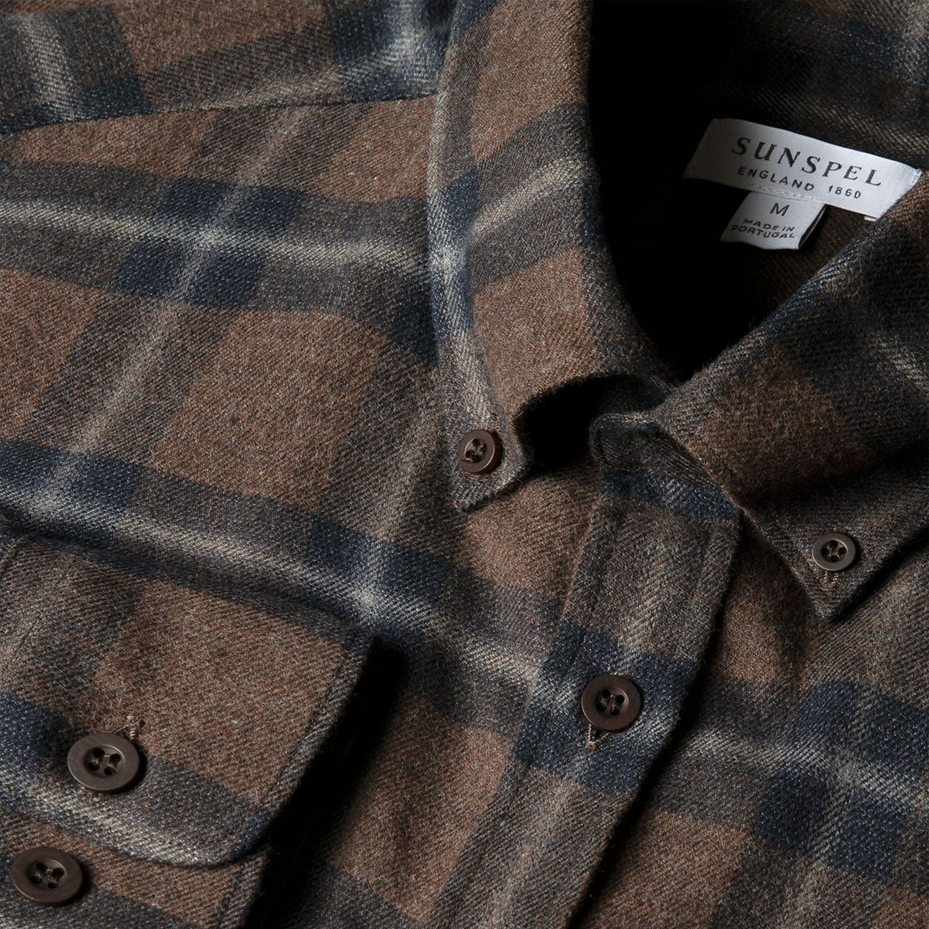 Sunspel Brushed Cotton Flannel Check Shirt Bark Check - Image 4