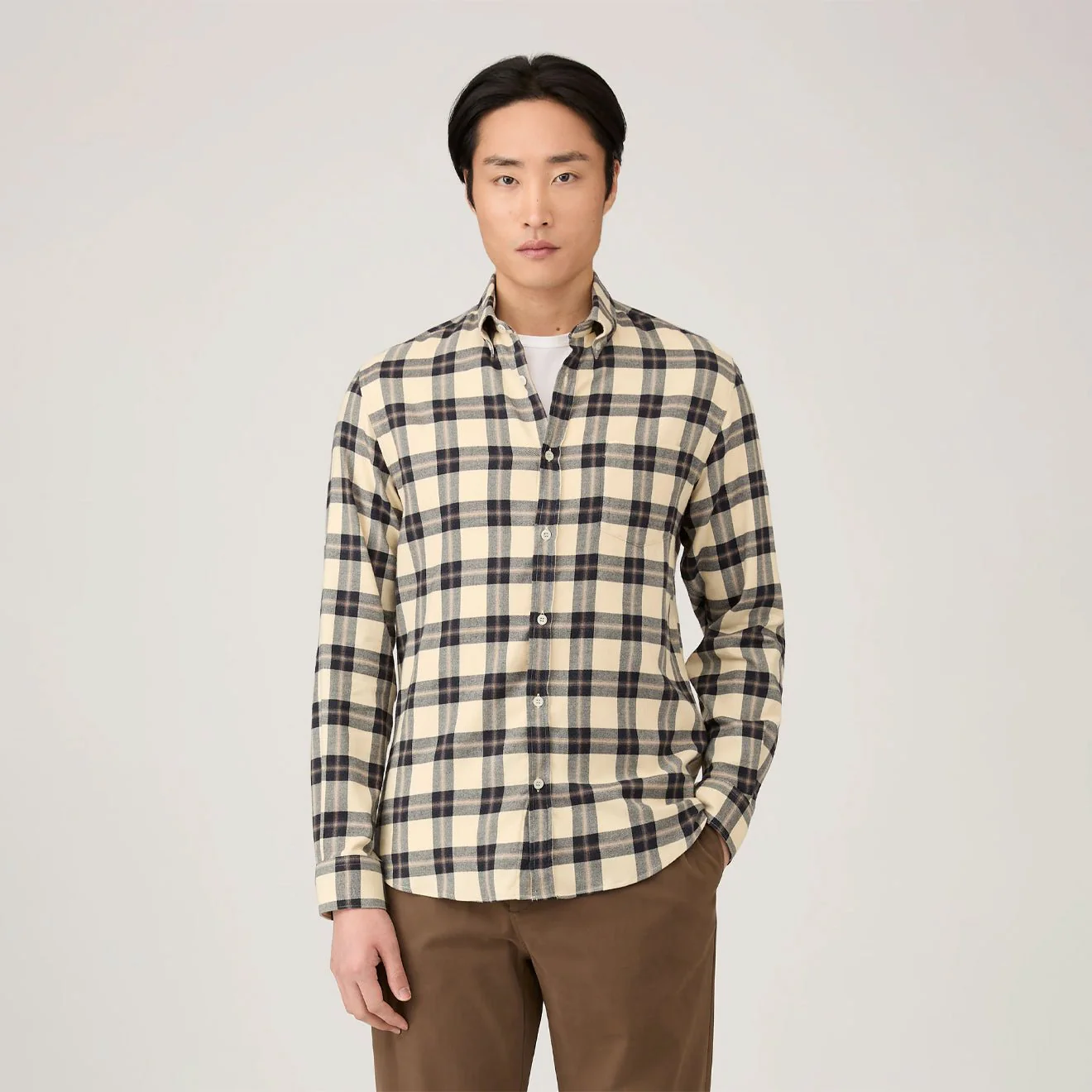 Sunspel Brushed Cotton Flannel Check Shirt Ecru / Truffle Check - Image 2