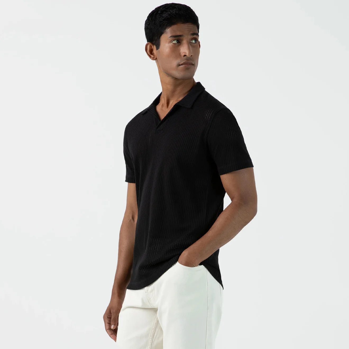 Sunspel Linear Mesh Polo Shirt Black - Image 2