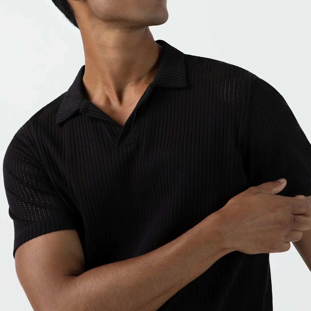 Sunspel Linear Mesh Polo Shirt Black - Image 4