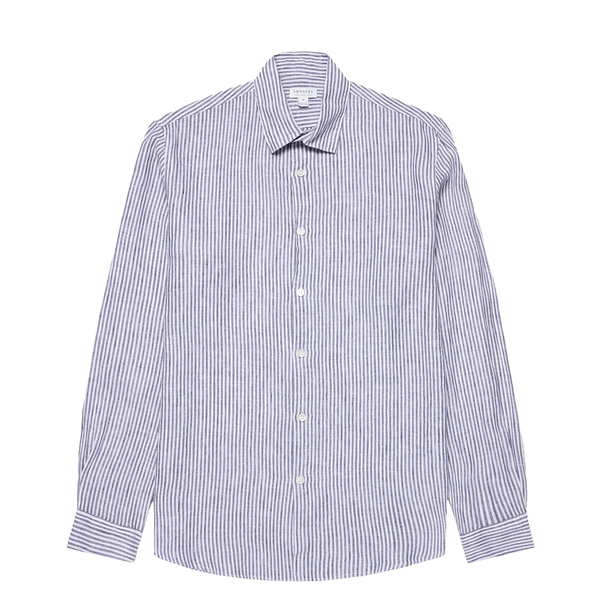 Sunspel Linen LS Shirt Vintage Linen Blue Stripe