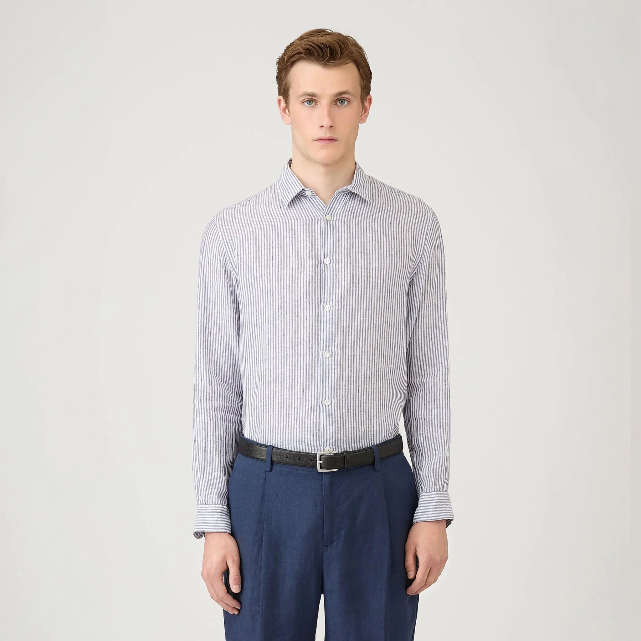 Sunspel Linen LS Shirt Vintage Linen Blue Stripe - Image 3