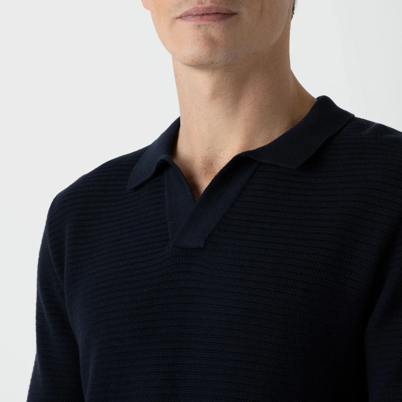 Sunspel Open Textured Polo Shirt Navy - Image 3