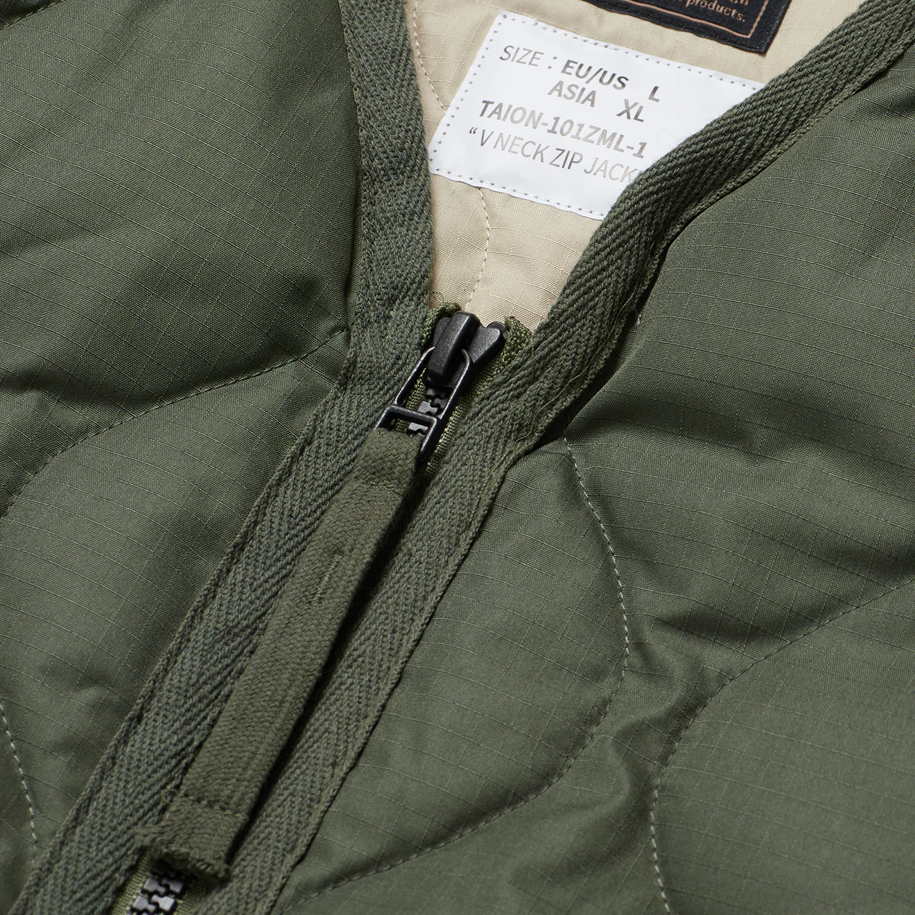 Taion Military Zip V Neck Down Jacket Olive - Image 3